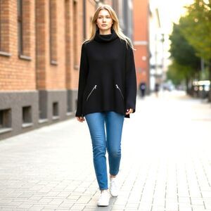 NEW YORK & COMPANY | Cotton High Neck Double Front Zipper Black Sweater